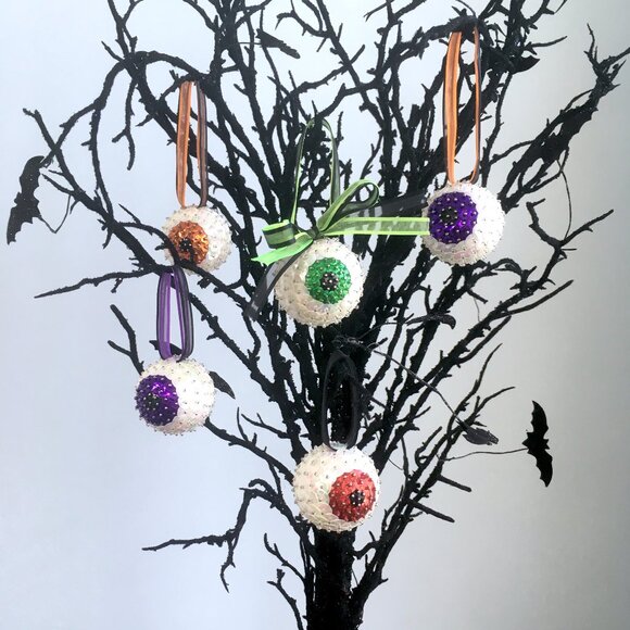 Christmas Eyeball Ornament Glam Sparkle Sequin Beaded Halloween OOAK Orange - Picture 4 of 10